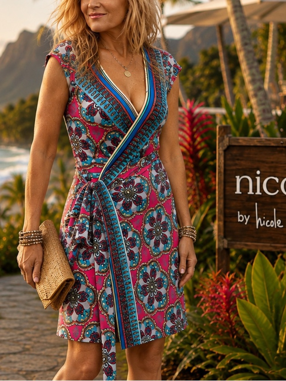 Nicole Miller,Wrap Dress,Blue Colorful Mandela Jersey-Knit Belt, EUC, Size Med